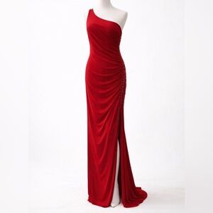 Frank Lyman One Shoulder Red Gown | Beaded Side Detail | High Slit | Size 8